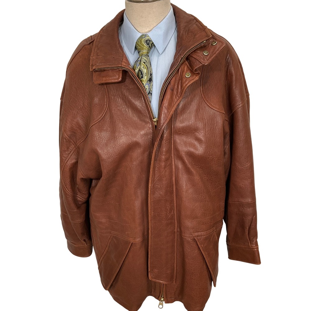Andrew Marc Jacket Mens M Cognac Brown Soft Leather Zip Heavy Coat VTG